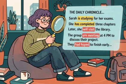 Uma estudante de óculos sentada em uma poltrona puf utilizando uma lupa para examinar um texto em inglês intitulado "THE DAILY CHRONICLE...". O cartão de leitura destaca diferentes estruturas e tempos verbais em caixas coloridas, como "is studying", "has completed", "will visit", "are meeting" e "had hoped", em um ambiente decorado com livros, mochila e plantas.