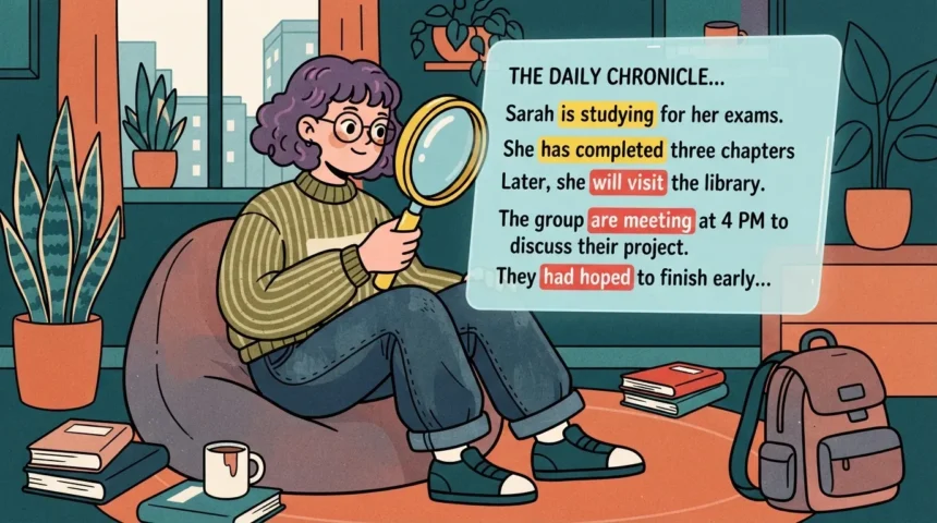 Uma estudante de óculos sentada em uma poltrona puf utilizando uma lupa para examinar um texto em inglês intitulado "THE DAILY CHRONICLE...". O cartão de leitura destaca diferentes estruturas e tempos verbais em caixas coloridas, como "is studying", "has completed", "will visit", "are meeting" e "had hoped", em um ambiente decorado com livros, mochila e plantas.