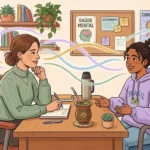 Uma sessão de acompanhamento entre uma profissional e uma jovem estudante de casaco roxo com a palavra "BRASIL". Ambas conversam amigavelmente através de uma mesa com uma cuia de chimarrão e garrafa térmica, rodeadas por um ambiente acolhedor com quadros na parede a destacar "SAÚDE MENTAL", "ACOLHIMENTO" e "CURIOSIDADE".