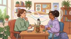 Uma sessão de acompanhamento entre uma profissional e uma jovem estudante de casaco roxo com a palavra "BRASIL". Ambas conversam amigavelmente através de uma mesa com uma cuia de chimarrão e garrafa térmica, rodeadas por um ambiente acolhedor com quadros na parede a destacar "SAÚDE MENTAL", "ACOLHIMENTO" e "CURIOSIDADE".