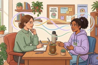 Uma sessão de acompanhamento entre uma profissional e uma jovem estudante de casaco roxo com a palavra "BRASIL". Ambas conversam amigavelmente através de uma mesa com uma cuia de chimarrão e garrafa térmica, rodeadas por um ambiente acolhedor com quadros na parede a destacar "SAÚDE MENTAL", "ACOLHIMENTO" e "CURIOSIDADE".