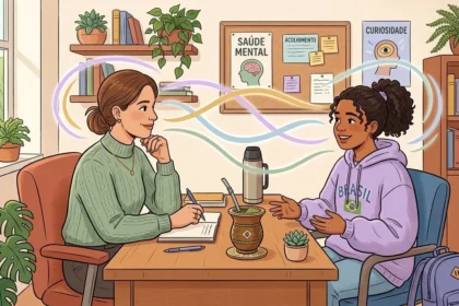 Uma sessão de acompanhamento entre uma profissional e uma jovem estudante de casaco roxo com a palavra "BRASIL". Ambas conversam amigavelmente através de uma mesa com uma cuia de chimarrão e garrafa térmica, rodeadas por um ambiente acolhedor com quadros na parede a destacar "SAÚDE MENTAL", "ACOLHIMENTO" e "CURIOSIDADE".