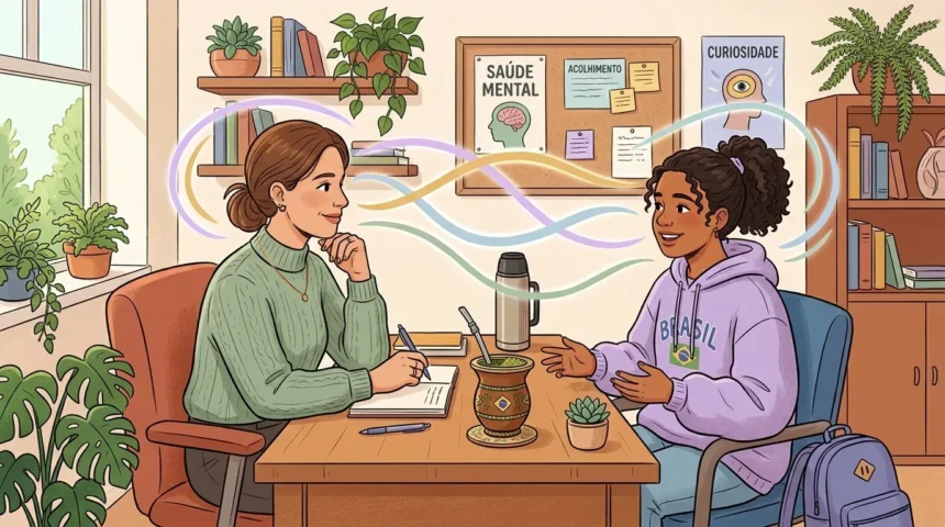 Uma sessão de acompanhamento entre uma profissional e uma jovem estudante de casaco roxo com a palavra "BRASIL". Ambas conversam amigavelmente através de uma mesa com uma cuia de chimarrão e garrafa térmica, rodeadas por um ambiente acolhedor com quadros na parede a destacar "SAÚDE MENTAL", "ACOLHIMENTO" e "CURIOSIDADE".
