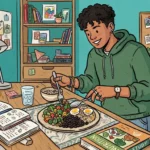 Um estudante sorridente em seu quarto fazendo uma pausa nos estudos para consumir um prato nutritivo com arroz, feijão preto, ovos cozidos e legumes. A escrivaninha de madeira está composta com cadernos de anotações abertos, copo de água e livros didáticos com os títulos "NUTRITION" e "BIOLOGY".
