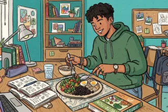 Um estudante sorridente em seu quarto fazendo uma pausa nos estudos para consumir um prato nutritivo com arroz, feijão preto, ovos cozidos e legumes. A escrivaninha de madeira está composta com cadernos de anotações abertos, copo de água e livros didáticos com os títulos "NUTRITION" e "BIOLOGY".