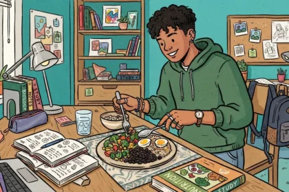 Um estudante sorridente em seu quarto fazendo uma pausa nos estudos para consumir um prato nutritivo com arroz, feijão preto, ovos cozidos e legumes. A escrivaninha de madeira está composta com cadernos de anotações abertos, copo de água e livros didáticos com os títulos "NUTRITION" e "BIOLOGY".