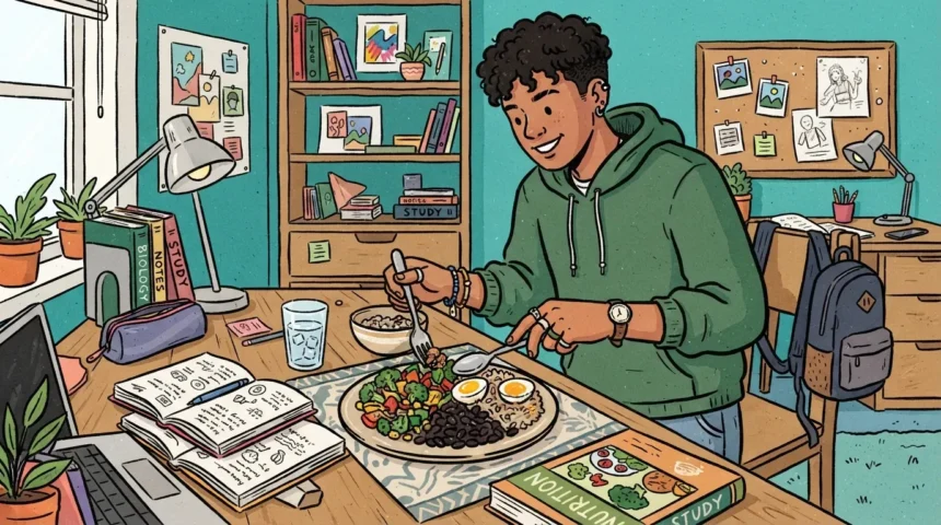 Um estudante sorridente em seu quarto fazendo uma pausa nos estudos para consumir um prato nutritivo com arroz, feijão preto, ovos cozidos e legumes. A escrivaninha de madeira está composta com cadernos de anotações abertos, copo de água e livros didáticos com os títulos "NUTRITION" e "BIOLOGY".