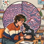 Uma jovem pesquisadora de óculos analisando uma amostra ao microscópio em um laboratório de biologia. Ao centro, uma ampliação circular dividida mostra dois tipos de cortes histológicos: células do tecido epitelial em rosa à esquerda e fibras do tecido conjuntivo à direita. A bancada é cercada por frascos de vidro, tubos de ensaio, livros e plantas.