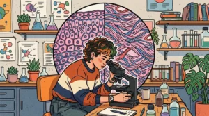 Uma jovem pesquisadora de óculos analisando uma amostra ao microscópio em um laboratório de biologia. Ao centro, uma ampliação circular dividida mostra dois tipos de cortes histológicos: células do tecido epitelial em rosa à esquerda e fibras do tecido conjuntivo à direita. A bancada é cercada por frascos de vidro, tubos de ensaio, livros e plantas.