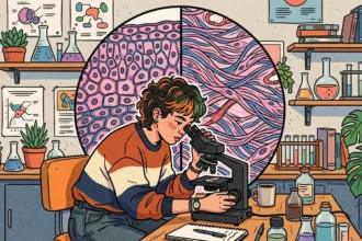 Uma jovem pesquisadora de óculos analisando uma amostra ao microscópio em um laboratório de biologia. Ao centro, uma ampliação circular dividida mostra dois tipos de cortes histológicos: células do tecido epitelial em rosa à esquerda e fibras do tecido conjuntivo à direita. A bancada é cercada por frascos de vidro, tubos de ensaio, livros e plantas.