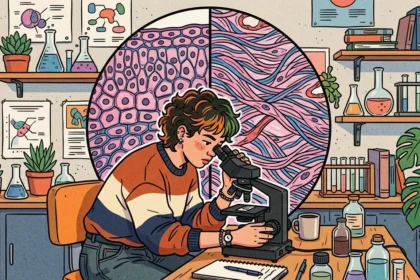 Uma jovem pesquisadora de óculos analisando uma amostra ao microscópio em um laboratório de biologia. Ao centro, uma ampliação circular dividida mostra dois tipos de cortes histológicos: células do tecido epitelial em rosa à esquerda e fibras do tecido conjuntivo à direita. A bancada é cercada por frascos de vidro, tubos de ensaio, livros e plantas.