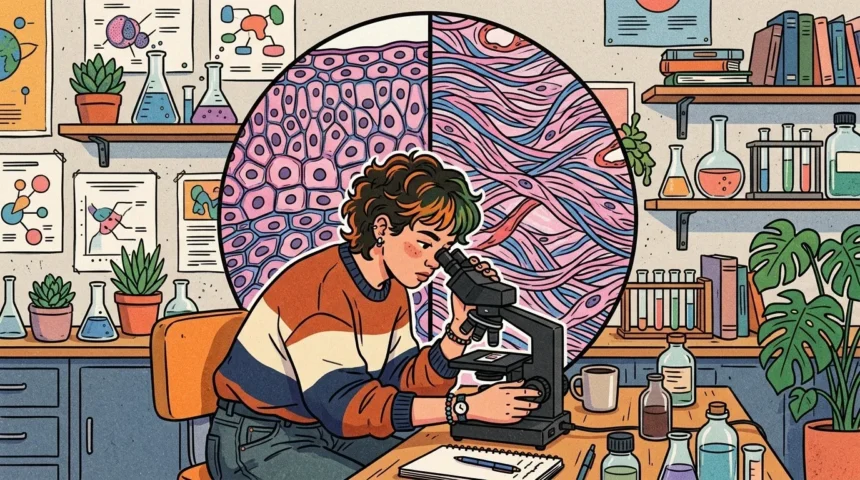 Uma jovem pesquisadora de óculos analisando uma amostra ao microscópio em um laboratório de biologia. Ao centro, uma ampliação circular dividida mostra dois tipos de cortes histológicos: células do tecido epitelial em rosa à esquerda e fibras do tecido conjuntivo à direita. A bancada é cercada por frascos de vidro, tubos de ensaio, livros e plantas.