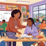 Uma professora de óculos a inclinar-se sobre a secretária para explicar um exercício de matemática a uma estudante de casaco roxo com a sigla "IFRN". Na mesa estão um portátil da marca "positivo" e o caderno da aluna com equações. Ao fundo, a sala de aula conta com um quadro branco com gráficos e a fórmula de logaritmo, cartazes sobre "MATEMÁTICA & LOGARITMOS" e "COLABORAÇÃO", além de outros alunos a trabalhar em grupo junto a uma grande janela.