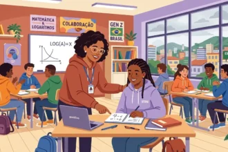 Uma professora de óculos a inclinar-se sobre a secretária para explicar um exercício de matemática a uma estudante de casaco roxo com a sigla "IFRN". Na mesa estão um portátil da marca "positivo" e o caderno da aluna com equações. Ao fundo, a sala de aula conta com um quadro branco com gráficos e a fórmula de logaritmo, cartazes sobre "MATEMÁTICA & LOGARITMOS" e "COLABORAÇÃO", além de outros alunos a trabalhar em grupo junto a uma grande janela.