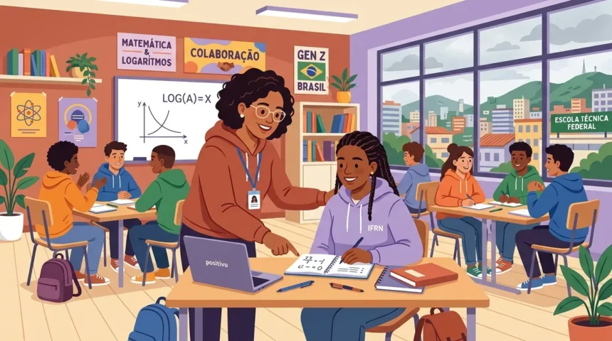 Uma professora de óculos a inclinar-se sobre a secretária para explicar um exercício de matemática a uma estudante de casaco roxo com a sigla "IFRN". Na mesa estão um portátil da marca "positivo" e o caderno da aluna com equações. Ao fundo, a sala de aula conta com um quadro branco com gráficos e a fórmula de logaritmo, cartazes sobre "MATEMÁTICA & LOGARITMOS" e "COLABORAÇÃO", além de outros alunos a trabalhar em grupo junto a uma grande janela.