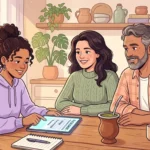 Uma jovem de casaco roxo a apresentar opções de cursos superiores num tablet aos pais, que a escutam sorridentes ao redor de uma mesa de madeira. O ecrã exibe o título "FACULDADE - PROGRAMA DE ESTUDO" com áreas como Design e Comunicação, num ambiente familiar decorado com plantas, bloco de notas e uma cuia de chimarrão.