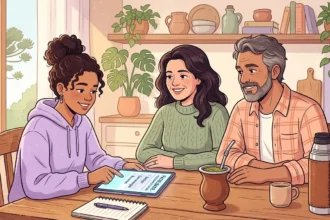 Uma jovem de casaco roxo a apresentar opções de cursos superiores num tablet aos pais, que a escutam sorridentes ao redor de uma mesa de madeira. O ecrã exibe o título "FACULDADE - PROGRAMA DE ESTUDO" com áreas como Design e Comunicação, num ambiente familiar decorado com plantas, bloco de notas e uma cuia de chimarrão.