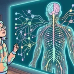 Uma estudante de óculos e touca observando um painel luminoso com a representação do sistema nervoso humano. A imagem destaca o cérebro, a coluna vertebral e uma extensa rede de neurônios e conexões sinápticas coloridas.
