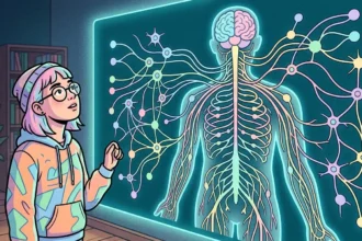 Uma estudante de óculos e touca observando um painel luminoso com a representação do sistema nervoso humano. A imagem destaca o cérebro, a coluna vertebral e uma extensa rede de neurônios e conexões sinápticas coloridas.