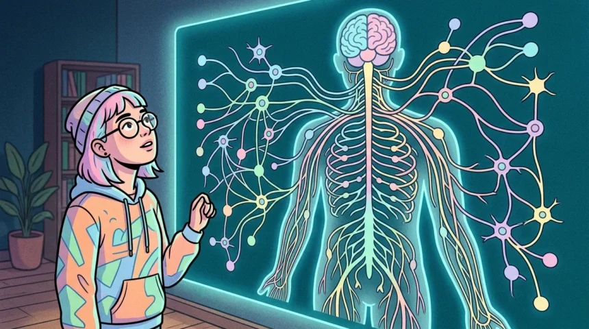 Uma estudante de óculos e touca observando um painel luminoso com a representação do sistema nervoso humano. A imagem destaca o cérebro, a coluna vertebral e uma extensa rede de neurônios e conexões sinápticas coloridas.