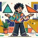 Jovem em perfil diante de estrutura triangular iluminada em galeria geométrica