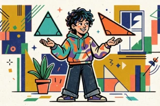 Jovem em perfil diante de estrutura triangular iluminada em galeria geométrica
