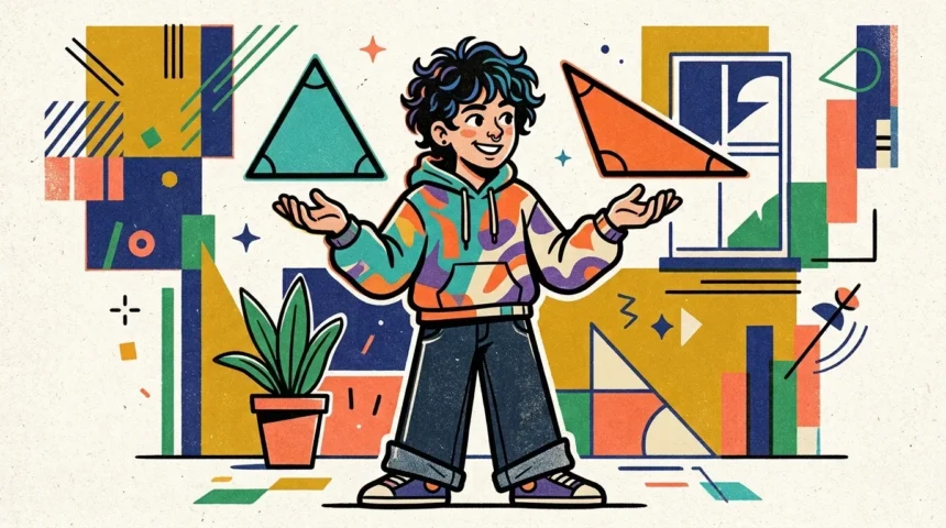 Jovem em perfil diante de estrutura triangular iluminada em galeria geométrica