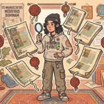 Um jovem de touca e moletom com a estampa "HISTORIA VIBES" segurando uma lupa. À sua volta flutuam diversos manuscritos medievais iluminados e selos de cera vermelha com fita. Ao fundo, um cartaz na parede exibe a frase "OS MANUSCRITOS MEDIEVAIS DOMINAM", cercado por estantes cheias de livros antigos, globos e crânios decorativos.