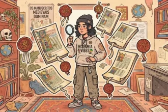 Um jovem de touca e moletom com a estampa "HISTORIA VIBES" segurando uma lupa. À sua volta flutuam diversos manuscritos medievais iluminados e selos de cera vermelha com fita. Ao fundo, um cartaz na parede exibe a frase "OS MANUSCRITOS MEDIEVAIS DOMINAM", cercado por estantes cheias de livros antigos, globos e crânios decorativos.
