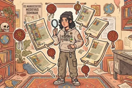 Um jovem de touca e moletom com a estampa "HISTORIA VIBES" segurando uma lupa. À sua volta flutuam diversos manuscritos medievais iluminados e selos de cera vermelha com fita. Ao fundo, um cartaz na parede exibe a frase "OS MANUSCRITOS MEDIEVAIS DOMINAM", cercado por estantes cheias de livros antigos, globos e crânios decorativos.