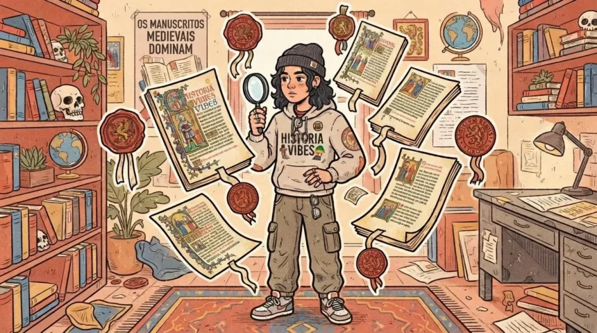 Um jovem de touca e moletom com a estampa "HISTORIA VIBES" segurando uma lupa. À sua volta flutuam diversos manuscritos medievais iluminados e selos de cera vermelha com fita. Ao fundo, um cartaz na parede exibe a frase "OS MANUSCRITOS MEDIEVAIS DOMINAM", cercado por estantes cheias de livros antigos, globos e crânios decorativos.
