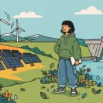Uma jovem em pé em um campo florido segurando um bloco de anotações. O cenário ao seu redor integra três principais fontes de energia renovável: um parque solar com diversos painéis em primeiro plano, grandes turbinas eólicas ao fundo nas montanhas e uma usina hidrelétrica com represa e rio à direita.