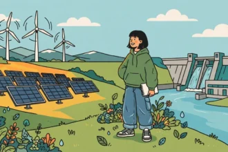 Uma jovem em pé em um campo florido segurando um bloco de anotações. O cenário ao seu redor integra três principais fontes de energia renovável: um parque solar com diversos painéis em primeiro plano, grandes turbinas eólicas ao fundo nas montanhas e uma usina hidrelétrica com represa e rio à direita.