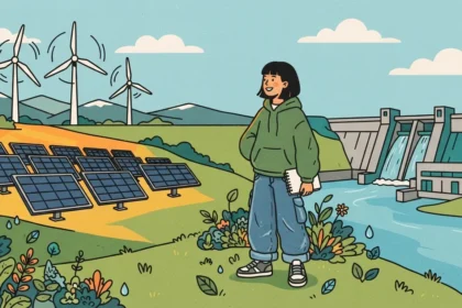 Uma jovem em pé em um campo florido segurando um bloco de anotações. O cenário ao seu redor integra três principais fontes de energia renovável: um parque solar com diversos painéis em primeiro plano, grandes turbinas eólicas ao fundo nas montanhas e uma usina hidrelétrica com represa e rio à direita.