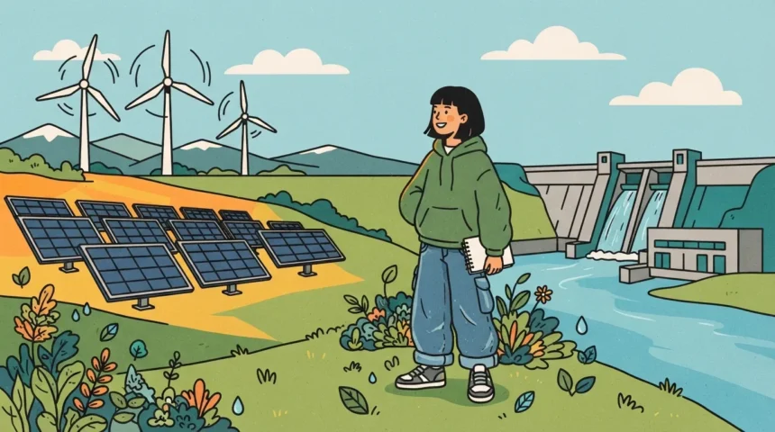 Uma jovem em pé em um campo florido segurando um bloco de anotações. O cenário ao seu redor integra três principais fontes de energia renovável: um parque solar com diversos painéis em primeiro plano, grandes turbinas eólicas ao fundo nas montanhas e uma usina hidrelétrica com represa e rio à direita.