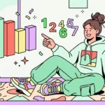 Uma jovem de moletom verde-menta sentada em um tapete estampado, apontando para um gráfico de colunas tridimensional. Acima de sua mão flutuam os números de 1 a 7 em cores alegres, em um ambiente decorado com estrelas e formas geométricas em tons pastel.