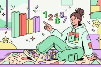 Uma jovem de moletom verde-menta sentada em um tapete estampado, apontando para um gráfico de colunas tridimensional. Acima de sua mão flutuam os números de 1 a 7 em cores alegres, em um ambiente decorado com estrelas e formas geométricas em tons pastel.