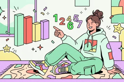 Uma jovem de moletom verde-menta sentada em um tapete estampado, apontando para um gráfico de colunas tridimensional. Acima de sua mão flutuam os números de 1 a 7 em cores alegres, em um ambiente decorado com estrelas e formas geométricas em tons pastel.