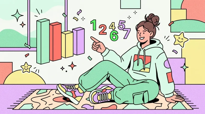 Uma jovem de moletom verde-menta sentada em um tapete estampado, apontando para um gráfico de colunas tridimensional. Acima de sua mão flutuam os números de 1 a 7 em cores alegres, em um ambiente decorado com estrelas e formas geométricas em tons pastel.