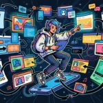 Uma pessoa jovem de cabelo azul e fones de ouvido segurando um tablet enquanto flutua sobre um smartphone. Ao seu redor, em um espaço digital escuro e iluminado por luzes neon, flutuam diversas janelas de navegação conectadas por setas, contendo gráficos, reprodutores de vídeo, ondas de áudio e ícones de redes sociais.