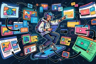 Uma pessoa jovem de cabelo azul e fones de ouvido segurando um tablet enquanto flutua sobre um smartphone. Ao seu redor, em um espaço digital escuro e iluminado por luzes neon, flutuam diversas janelas de navegação conectadas por setas, contendo gráficos, reprodutores de vídeo, ondas de áudio e ícones de redes sociais.