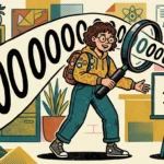 Ilustração didática de uma estudante usando uma grande lupa para converter um número extenso com quinze zeros em notação científica. O número longo transiciona através da lente e aparece simplificado como 1 x 10^15 em um pequeno quadro branco, em uma sala de aula com diagramas de geometria e física ao fundo.