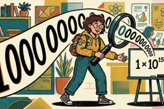Ilustração didática de uma estudante usando uma grande lupa para converter um número extenso com quinze zeros em notação científica. O número longo transiciona através da lente e aparece simplificado como 1 x 10^15 em um pequeno quadro branco, em uma sala de aula com diagramas de geometria e física ao fundo.