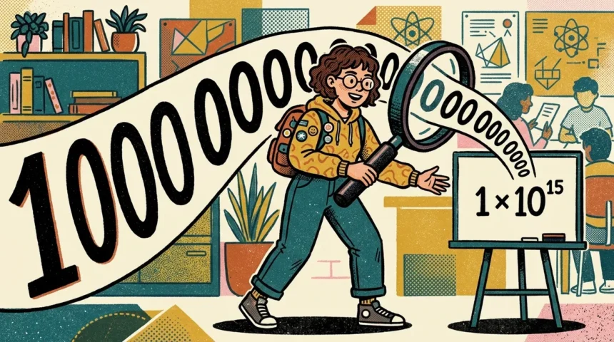 Ilustração didática de uma estudante usando uma grande lupa para converter um número extenso com quinze zeros em notação científica. O número longo transiciona através da lente e aparece simplificado como 1 x 10^15 em um pequeno quadro branco, em uma sala de aula com diagramas de geometria e física ao fundo.