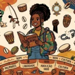 Ilustração educativa de uma estudante negra segurando o livro "HISTÓRIA AFRO", cercada por ícones da cultura e resistência afro-brasileira. Ao seu redor flutuam instrumentos musicais como berimbau, atabaque e pandeiro, além de máscaras africanas, búzios, o mapa com a indicação de "PALMARES", punhos erguidos e correntes quebradas. Na parte inferior, uma linha do tempo destaca os conceitos de "PALMARES", "LIBERDADE", "ABOLIÇÃO 1888", "CULTURA" e "RESISTÊNCIA".