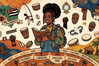 Ilustração educativa de uma estudante negra segurando o livro "HISTÓRIA AFRO", cercada por ícones da cultura e resistência afro-brasileira. Ao seu redor flutuam instrumentos musicais como berimbau, atabaque e pandeiro, além de máscaras africanas, búzios, o mapa com a indicação de "PALMARES", punhos erguidos e correntes quebradas. Na parte inferior, uma linha do tempo destaca os conceitos de "PALMARES", "LIBERDADE", "ABOLIÇÃO 1888", "CULTURA" e "RESISTÊNCIA".