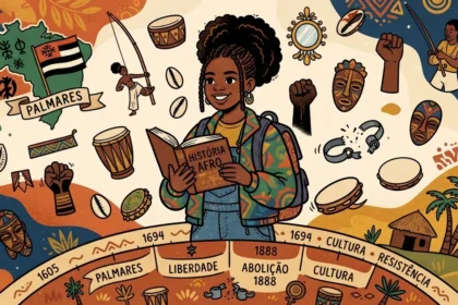 Ilustração educativa de uma estudante negra segurando o livro "HISTÓRIA AFRO", cercada por ícones da cultura e resistência afro-brasileira. Ao seu redor flutuam instrumentos musicais como berimbau, atabaque e pandeiro, além de máscaras africanas, búzios, o mapa com a indicação de "PALMARES", punhos erguidos e correntes quebradas. Na parte inferior, uma linha do tempo destaca os conceitos de "PALMARES", "LIBERDADE", "ABOLIÇÃO 1888", "CULTURA" e "RESISTÊNCIA".