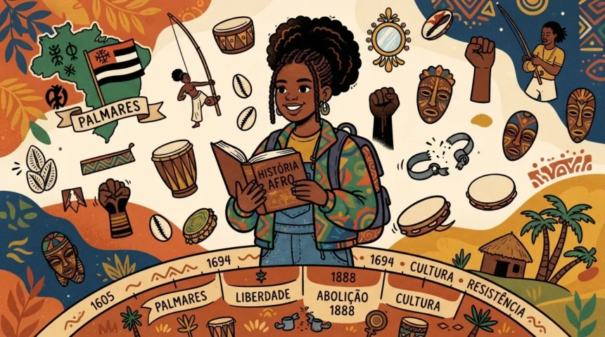 Ilustração educativa de uma estudante negra segurando o livro "HISTÓRIA AFRO", cercada por ícones da cultura e resistência afro-brasileira. Ao seu redor flutuam instrumentos musicais como berimbau, atabaque e pandeiro, além de máscaras africanas, búzios, o mapa com a indicação de "PALMARES", punhos erguidos e correntes quebradas. Na parte inferior, uma linha do tempo destaca os conceitos de "PALMARES", "LIBERDADE", "ABOLIÇÃO 1888", "CULTURA" e "RESISTÊNCIA".