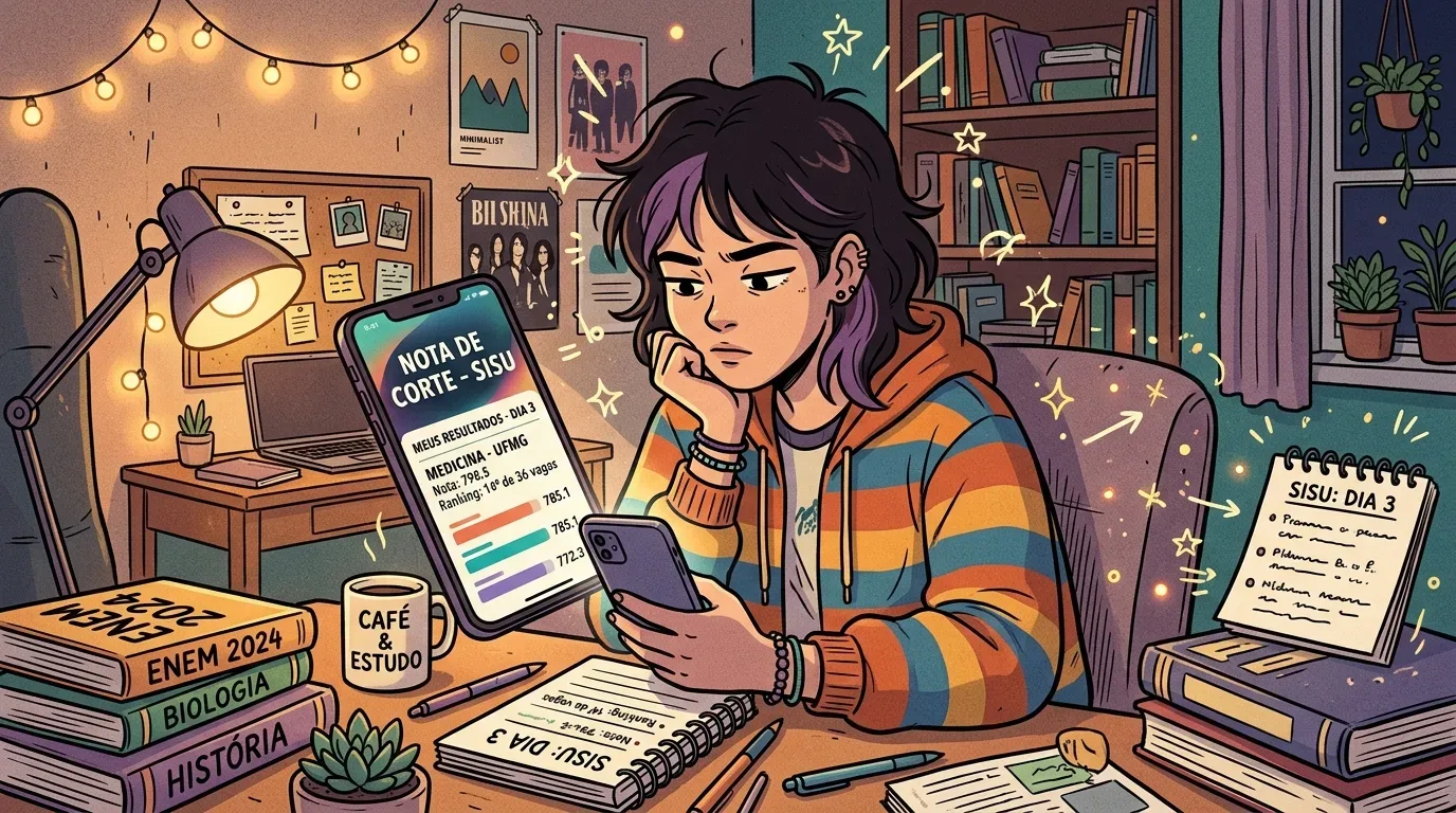 Uma estudante de cabelo escuro com mechas roxas sentada à escrivaninha à noite, observando concentrada a tela do celular que mostra "NOTA DE CORTE - SISU" e a classificação para Medicina na UFMG, cercada por livros de estudo do ENEM, blocos de notas e uma caneca de café.