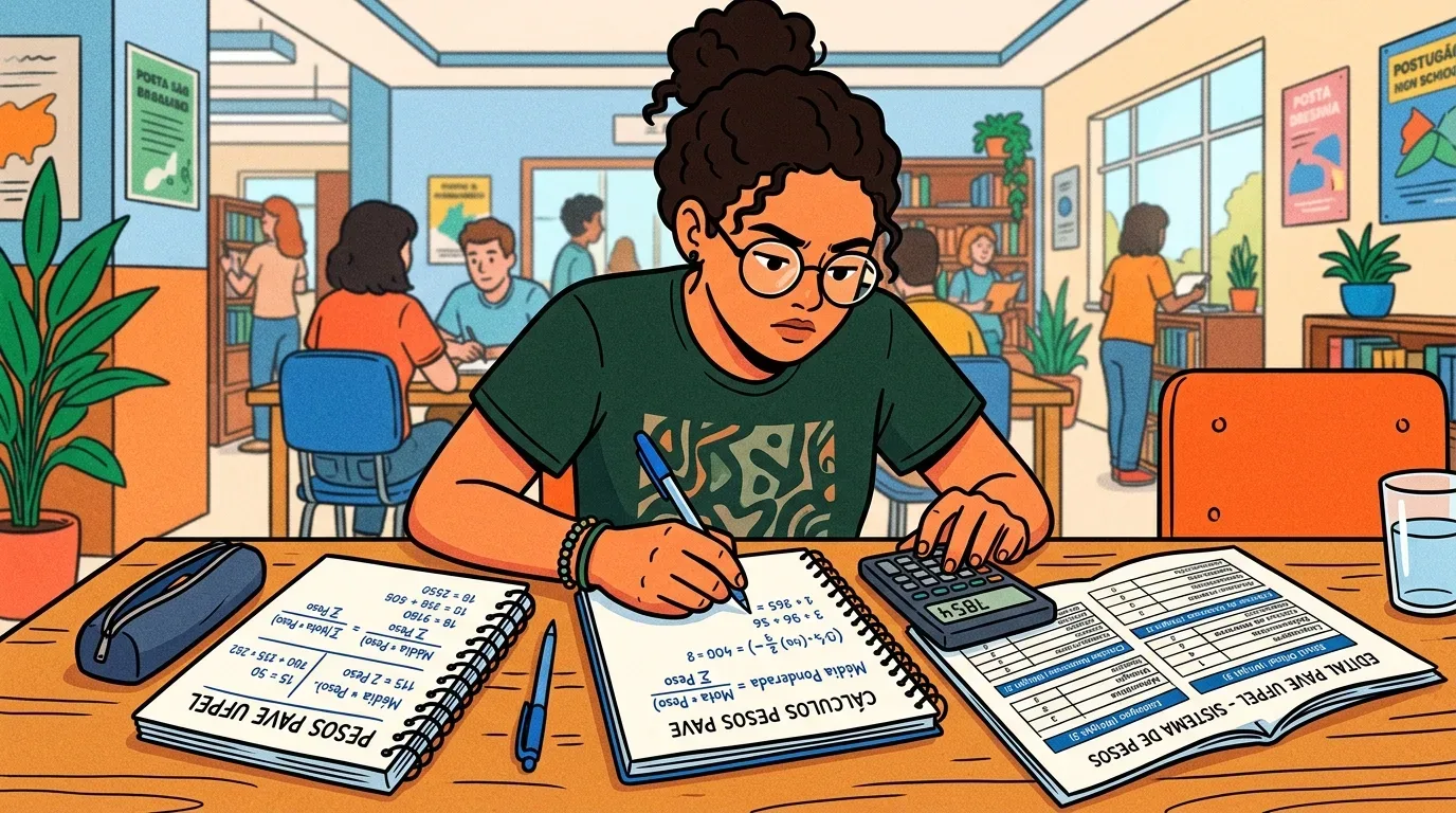 Uma estudante concentrada em uma biblioteca usando uma calculadora e fazendo anotações sobre "CÁLCULOS PESOS PAVE" para calcular suas médias ponderadas conforme o edital da UFPEL.